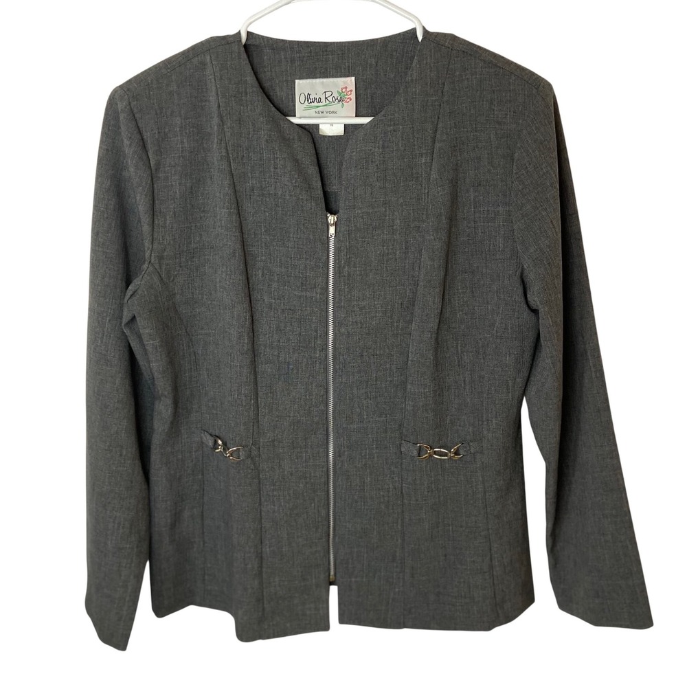 Olivia Rose New York Gray Zipper Front Collarless Jacket Blazer Women 10